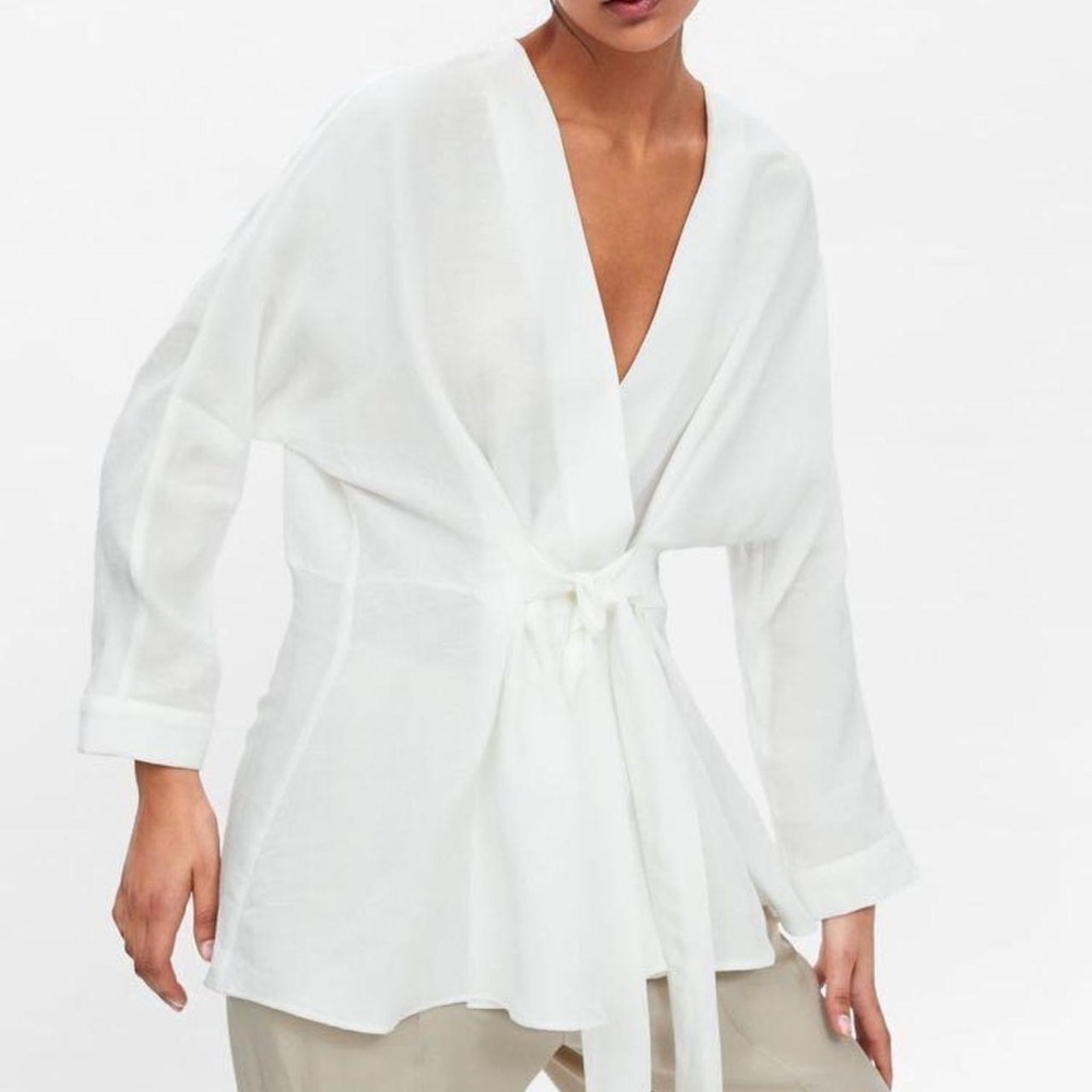 🌝20% Elegant White Wrap front Linen Blend Blouse